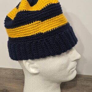 HAT Beanie Hat BLUE/YELLOW Stripe Handmade Crochet WINTER HAT